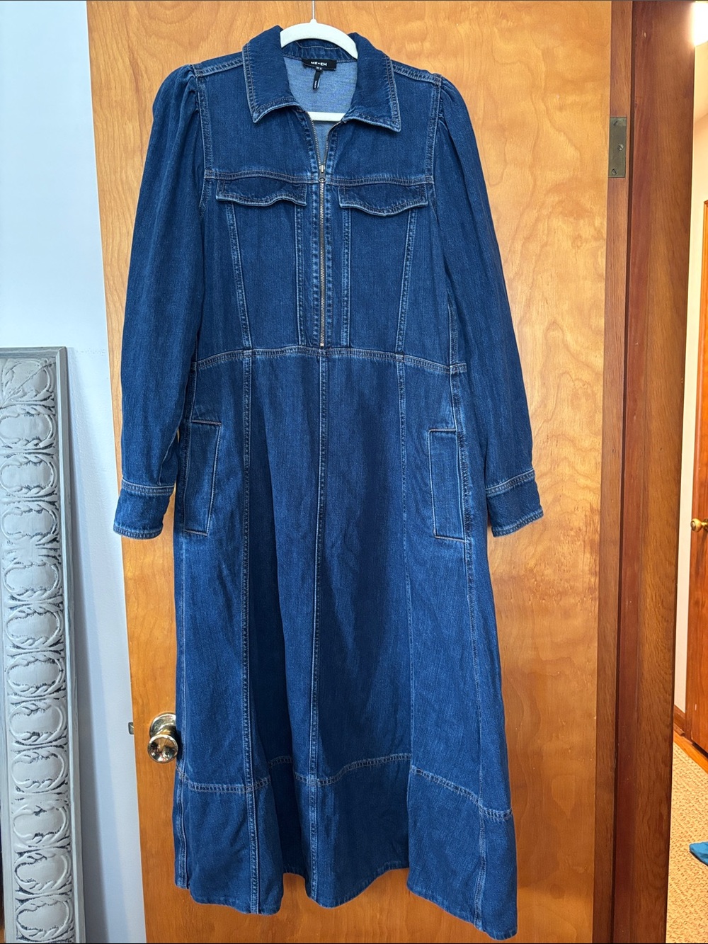 ME+EM Indigo Blue Denim Zip-Front Maxi Jacket Dress